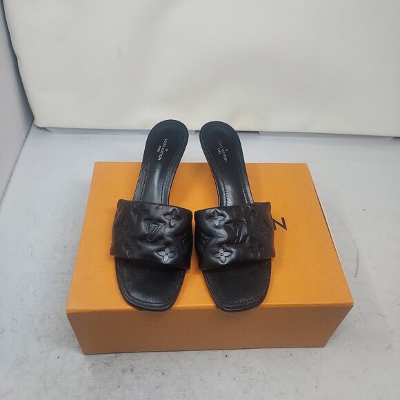 LOUIS VUITTON LV Monogram Black Embossed Revival Heel Sandal - Picture 10 of 12